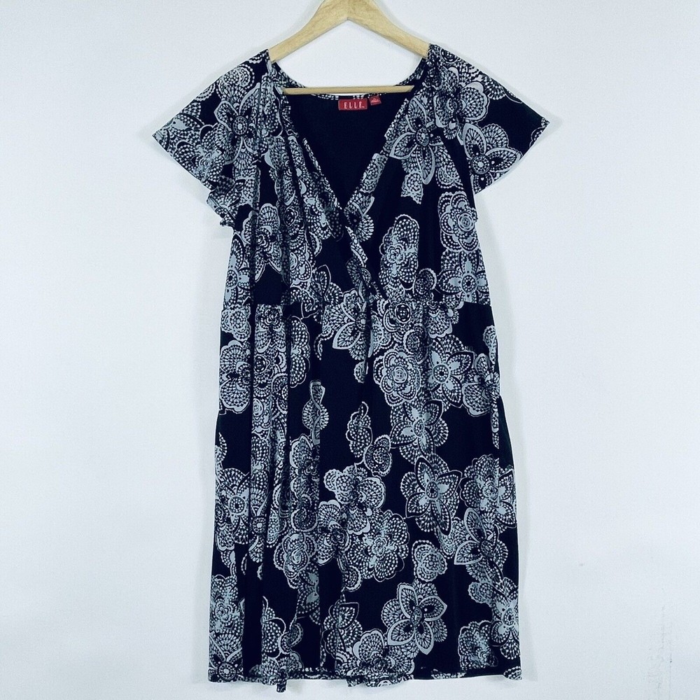 Elle Black White Floral Wrap Front Chiffon‎ Lined Short Sleeve Dress Womens 2X